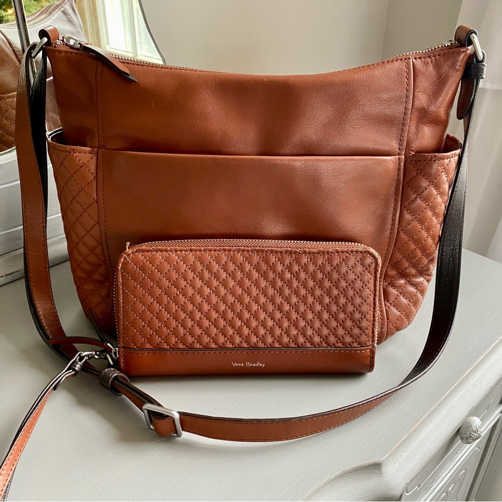 Vera Bradley Brown leather Carryall Crossbody. With Matching Wallet!!